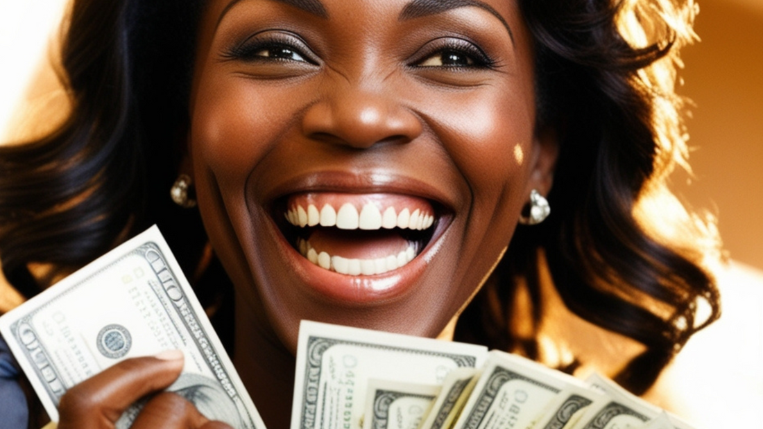 a happy woman holding wads of money