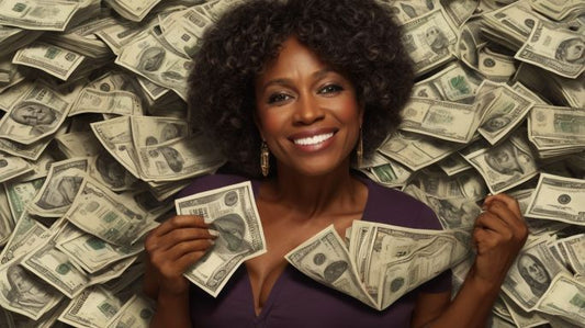 Female retiree surrounded by bundles of money