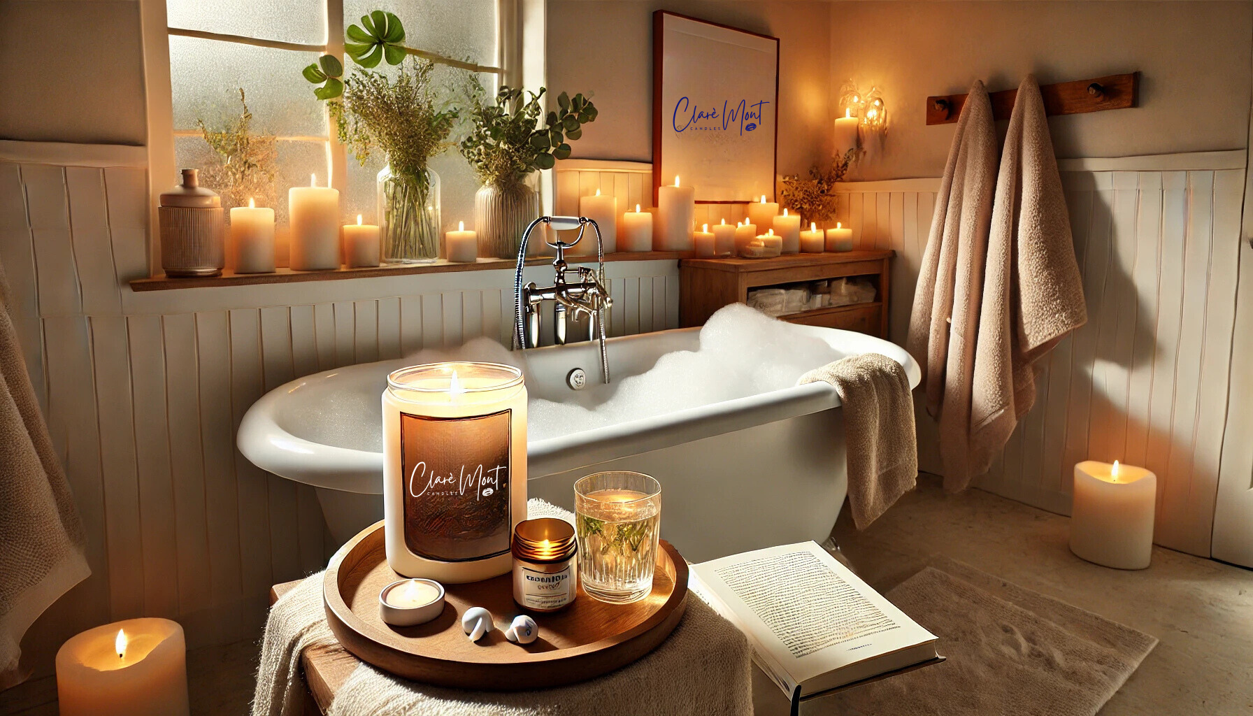 A steaming bath, a good book and a Clare` Mont Candle